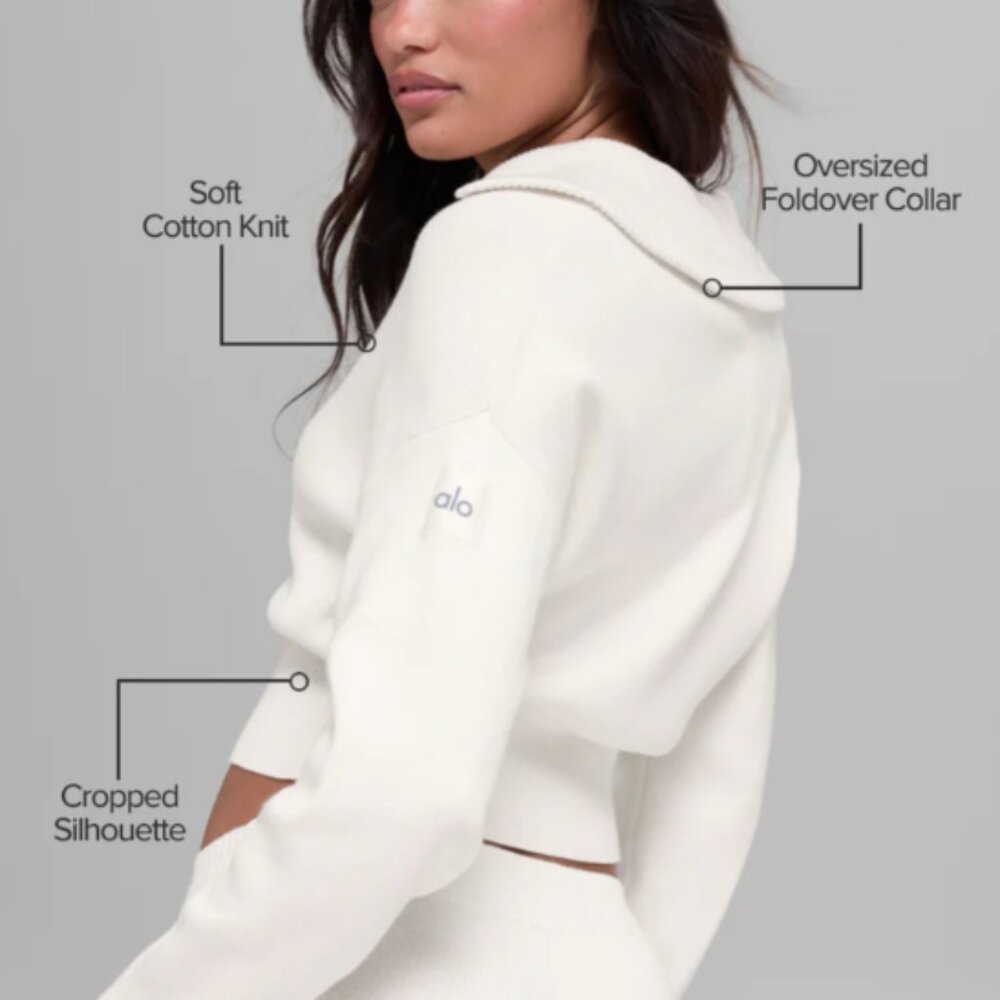 NWT ALO Scholar Knit Cropped Full Zip Jacket ivory size M - Picture 2 of 8
